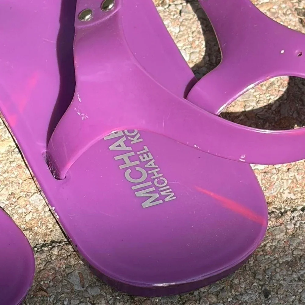 Michael Kors Purple Jelly Sandals 9.5 Y2K Glossy T-Strap Ankle Strap Flat Shoes